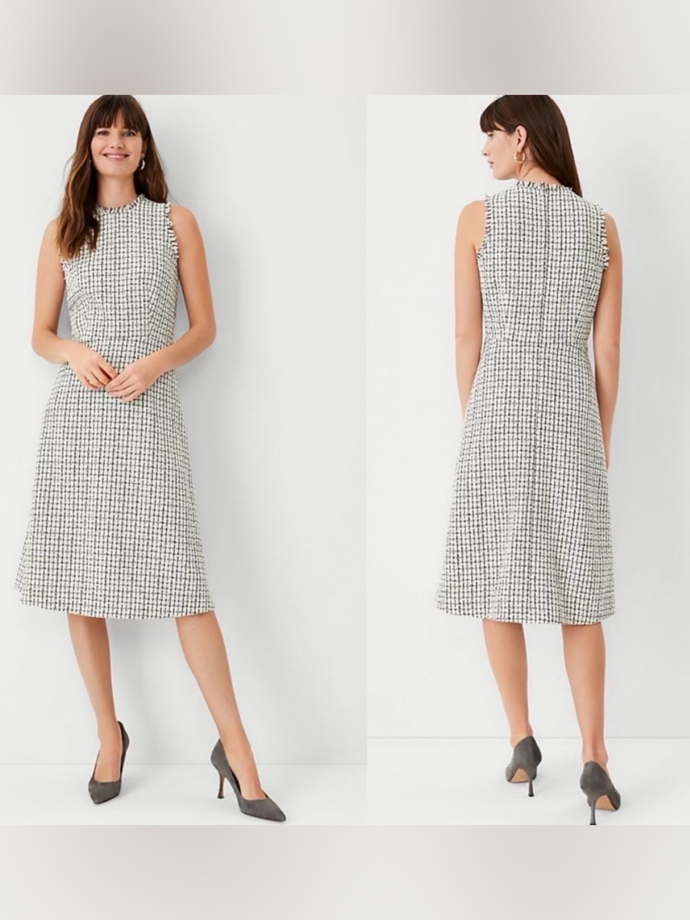 NEW Ann Taylor Fringe Tweed Sheath Midi Dress 14 Black White Sleeveless A-line